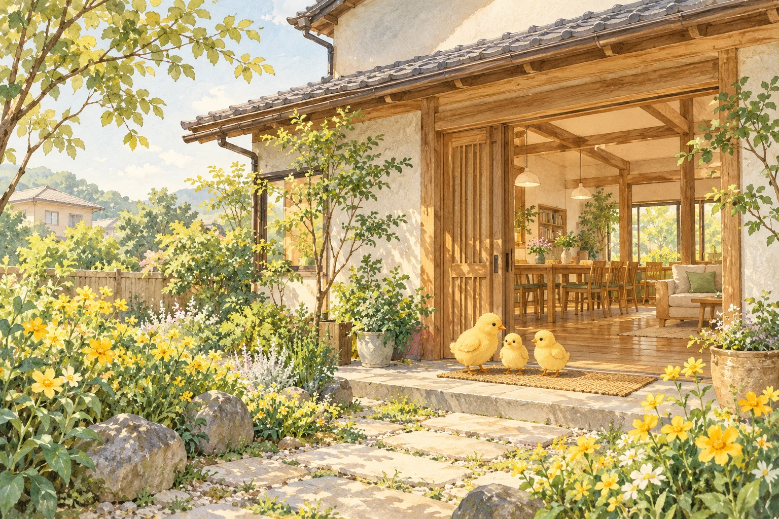 花の咲く庭と家、ひよこたちを描いた温かいイラスト